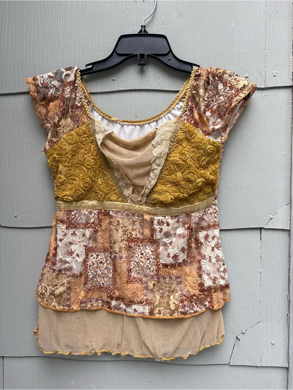 Mixed Lace Rosette Peplum Top in Mustard Patchwork
